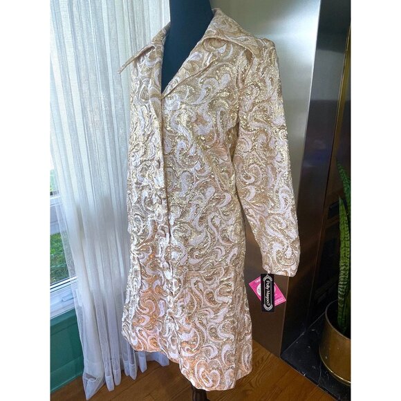 Vintage 70s gold lame jacket, glam golden brocade, large wing dagger lapels, NOS - Picture 3 of 11